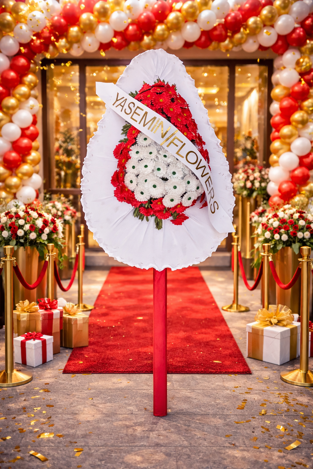 Açılışa Özel Ayaklı Çelenk – Kırmızı Beyaz Gerbera